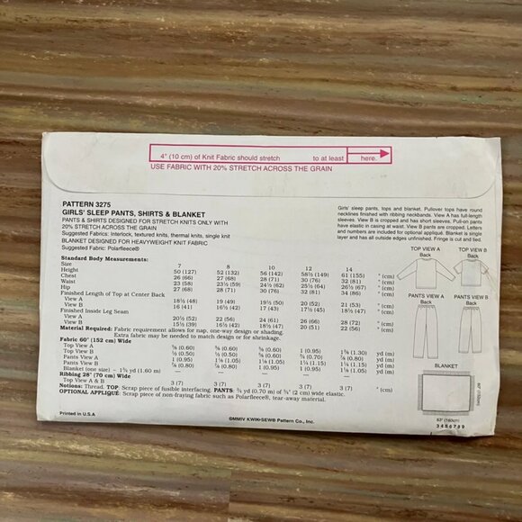 UNCUT Sewing Pattern Kwik Sew 3275 Pajamas Sleep Pants Tops Blanket Girls 7-14 - Picture 2 of 2